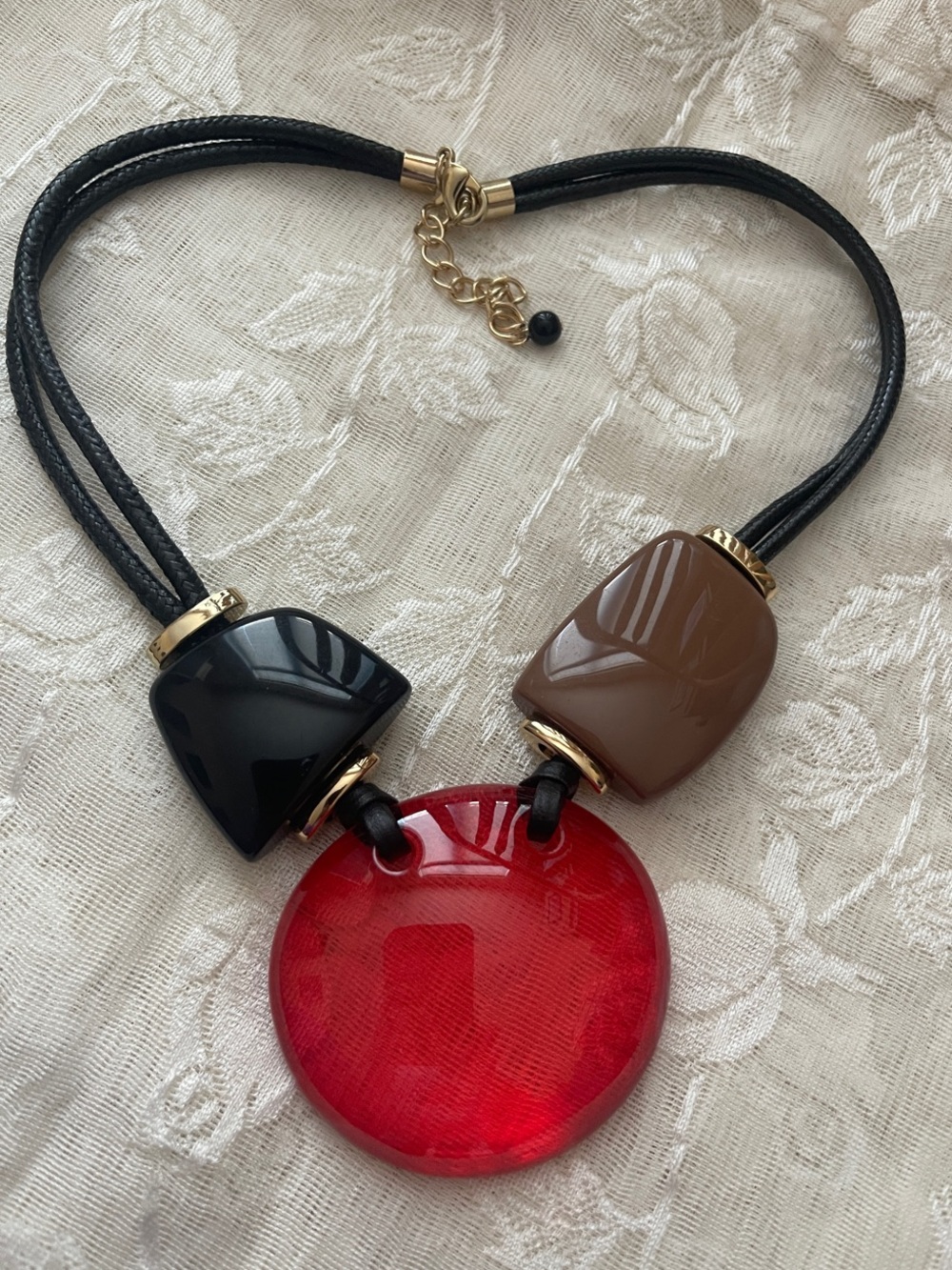 Statement Red Pendant Necklace with Black and Brown Accents